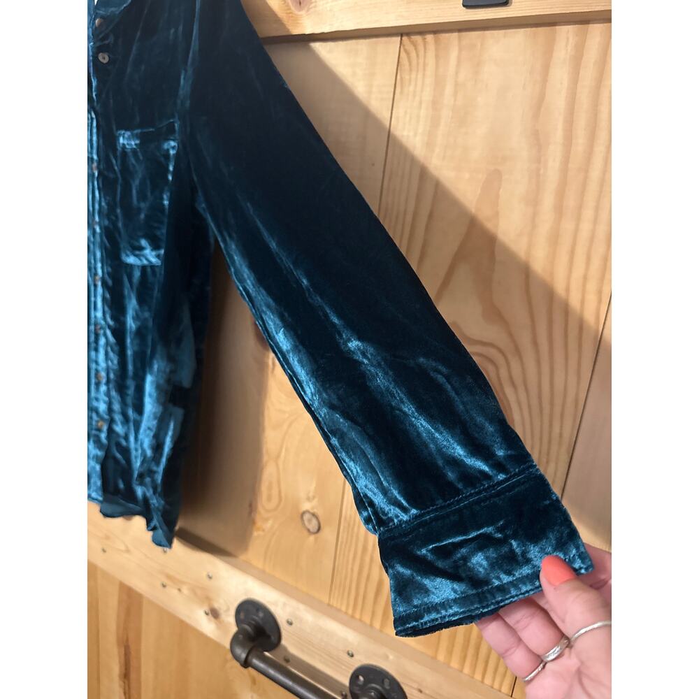 Pilcro Anthropologie Teal Green Long Sleeve Button Down Women’s Velvet Top Sz L - Picture 2 of 7